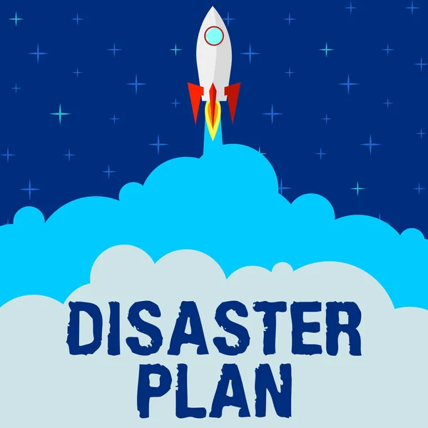 Testo che mostra l'ispirazione Disaster Plan. Foto concettuale Risposta alla sopravvivenza di emergenza e kit di pronto soccorso Rocket Ship Launching Fast Straight Up to the Outer Space. — Foto Stock