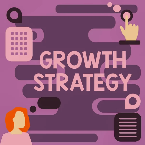 Tekenen van de groeistrategie. Zakelijke aanpak Strategie gericht op het winnen van een groter marktaandeel in kortetermijndenken van vrouwen leidende ideeën naar een stabiele toekomst. — Stockfoto