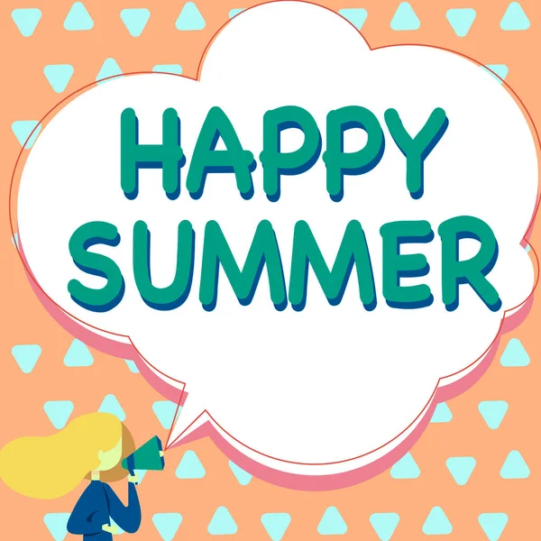 Znak tekstowy pokazujący Happy Summer. Pomysł na biznes Plaże Sunshine Relaks Ciepłe słoneczny sezon Przesilenie Kobieta mówi przez Megafon Dokonywanie ogłoszenia z bańki mowy. — Zdjęcie stockowe