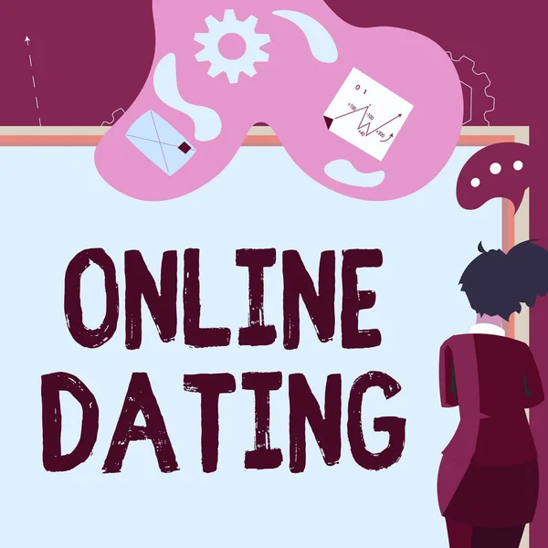 Handschrift teken Online Dating. Internet Concept Zoeken Matching Relaties eDating Video Chatten Zakenvrouw presenteren zakelijke voorstel en updates aan boord. — Stockfoto