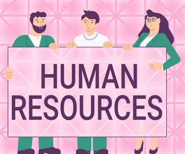 Text caption presenting Human Resources. Word for The showing who make up the workforce of an organization Three Colleagues Holding Presentation Board Showing New Ideas. — ストック写真