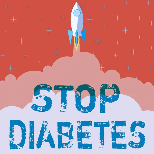 Inspiração mostrando sinal Stop Diabetes. Palavra para o nível de açúcar no sangue é maior do que o normal Injete Insulin Rocket Ship Lançamento Rápido Direto Para o Espaço Exterior. — Fotografia de Stock