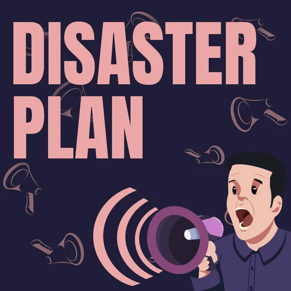 Hand writing sign Disaster Plan. Concept meaning Respond to Emergency Preparedness Survival and First Aid Kit Businessman Talking Through Megaphone Making Wonderful New Announcement — Stock Photo, Image