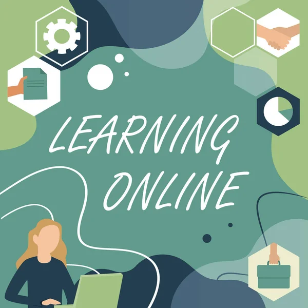 Konzeptionelle Bildunterschrift Learning Online. Unternehmensübersicht Lernen Sie etwas Neues mit Hilfe von Internet und Technologie Frau Innovatives Denken Leitgedanken für eine stabile Zukunft. — Stockfoto