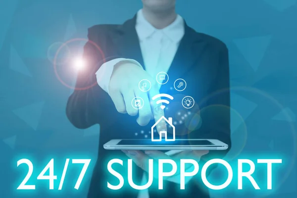 Text sign showing 24 Or 7 Support. Conceptual photo Giving assistance to service whole day and night No downtime Lady Pressing Screen Of Mobile Phone Showing The Futuristic Technology — Stock Photo, Image