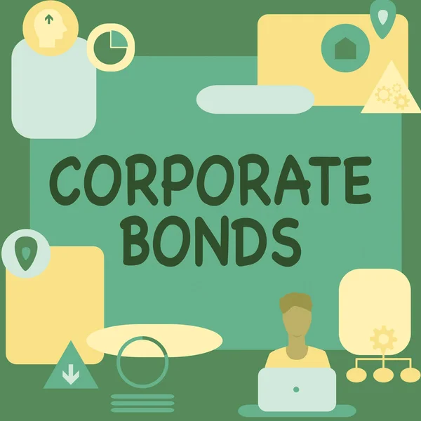 Visualizzazione concettuale Corporate Bonds. Società fotografica concettuale per raccogliere finanziamenti per vari motivi Man Sitting On Desk Lavorare e presentare nuove tecnologie. — Foto Stock