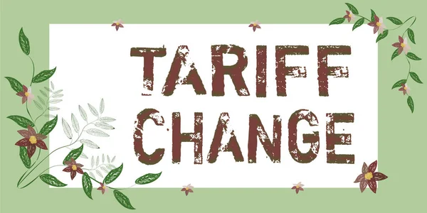 Hand writing sign Tariff Change. Word for Amendment of Import Export taxes for goods and services Blank Frame Decorated With Abstract Modernized Forms Flowers And Foliage. — ストック写真