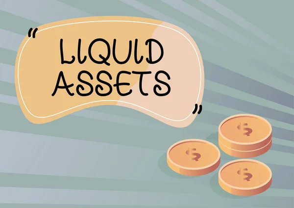 Sign displaying Liquid Assets. Business idea Cash and Bank Balances Market Liquidity Deferred Stock Coins symbolizing future financial plans successfully calculating mortgage. — Stock Photo, Image