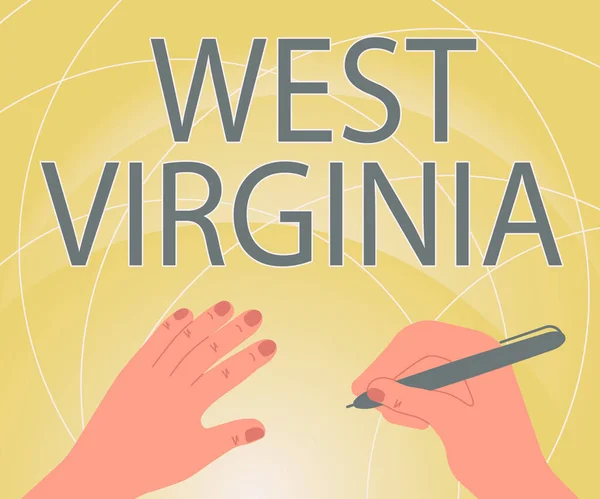 Inspiratie met bord West Virginia. Internet Concept Verenigde Staten van Amerika State Travel Tourism Trip Historische handen met behulp van potlood Strategiseren Nieuwste Innovatieve Creative Goal Plans. — Stockfoto
