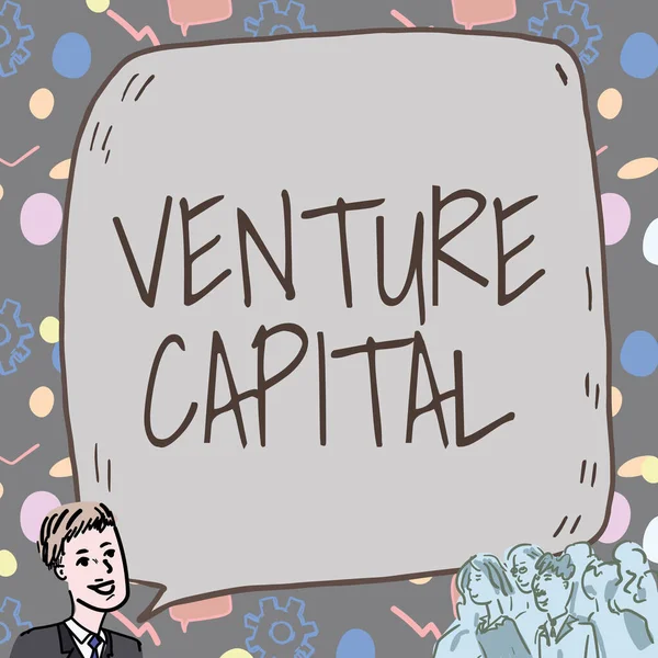 Концептуальний підпис Venture Capital. Фінансування бізнес-підходу, надане фірмами на малих ранніх стадіях, Бізнесмен з великою мовою Говорити з натовпом представляючи нові ідеї — стокове фото
