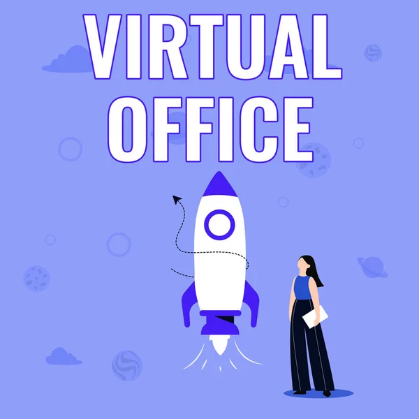 Teksten weergeven Virtueel Kantoor. Bedrijfsoverzicht Virtual Office Illustration Of Casual Girl Standing Beside Rocket Ship Ready To Launch — Stockfoto