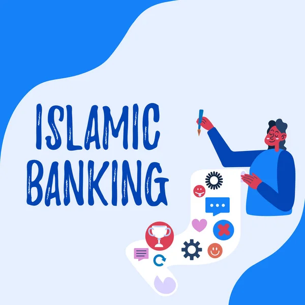 Segno di scrittura a mano Islamic Banking. Business showcase Sistema bancario basato sui principi della legge islamica Lady Presenting Paper Mostrando le sue realizzazioni Obiettivi Idee di progetto. — Foto Stock