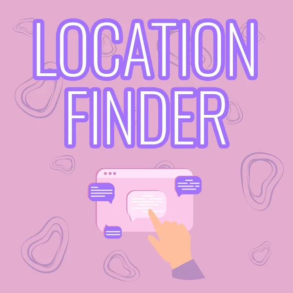Writing displaying text Location Finder. Business overview A service featured to find the address of a selected place Hand Showing Graph Growth Pointing Web Browser Screen. — ストック写真