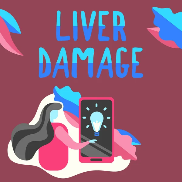 肝損傷が表示されます。アルコール乱用による肝臓とその機能へのビジネス概念の損傷女性携帯電話の画面を押す未来的な技術を示す. — ストック写真