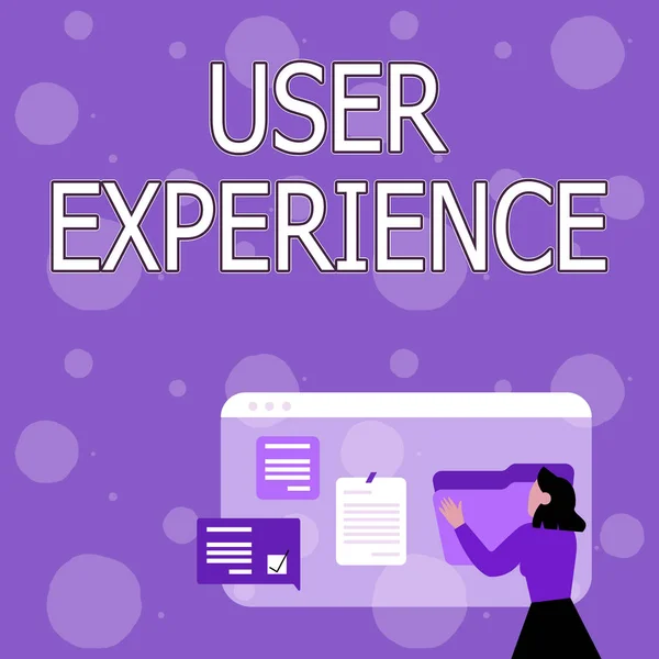 Texto que muestra inspiración User Experience. escaparate de negocios utilizando el sitio web, especialmente en términos de lo agradable que es utilizar la historia del navegador de organización de la mujer, la edición de organizar archivos en línea, —  Fotos de Stock