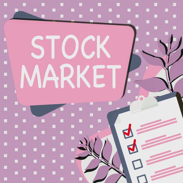 Sign displaying Stock Market. Business approach Particular market where stocks and bonds are traded or exhange Clipboard Drawing With Checklist Marked Done Items On List. — Stock Photo, Image