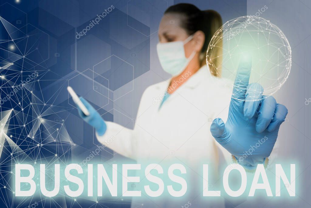 Conceptual display Business Loan. Word for Credit Mortgage Financial Assistance Cash Advances Debt Nurse in uniform pointing upwards represents global innovative thinking.