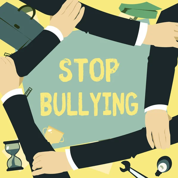 Hand writing sign Stop Bullying. Business showcase Fight and Eliminate this Aggressive Unacceptable Behavior Four Hands Drawing Holding Arm Together Showing Connection Symbol. — 스톡 사진