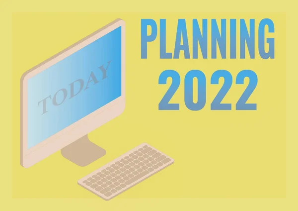 Handwriting text Planning 2022. Business showcase Begin with end in the Mind Positioning Long term Objectives Monitor with keyboard symbolizing online connection between colleagues. — ストック写真