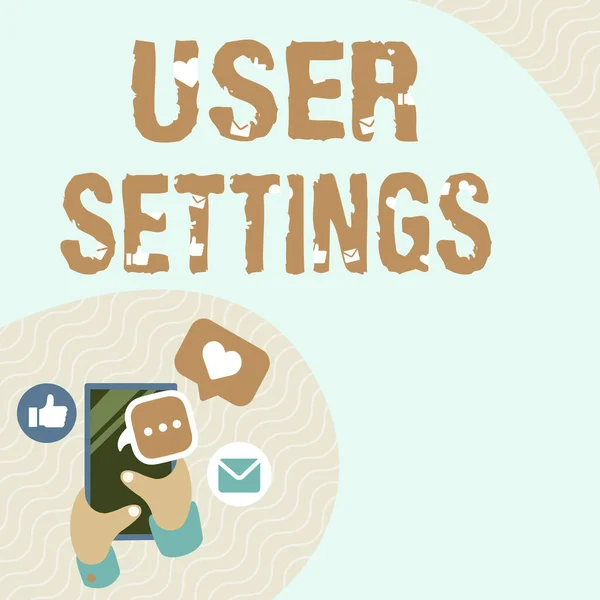 Signe d'écriture à la main Paramètres utilisateur. Vue d'ensemble de l'entreprise Configuration de l'apparence Système d'exploitation Porte-main personnalisé Bouton d'application de pressage de téléphone portable Affichage de la technologie. — Photo