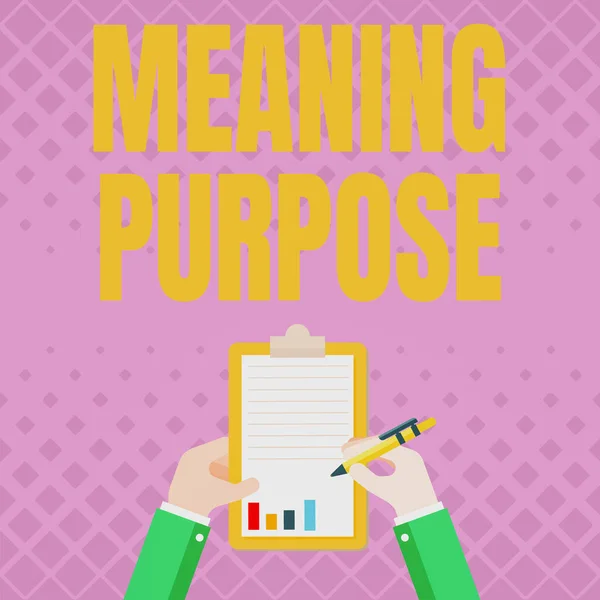 Handwriting text Meaning Purpose. Business concept The reason for which something is done or created and exists Business Associate Holding Clipboard Documenting Reports With Pen. — ストック写真