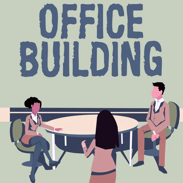 Text sign showing Office Building. Concept meaning Commercial buildings are used for commercial purposes Colleagues having meeting presenting project ideas achieving teamwork. — Stock Photo, Image