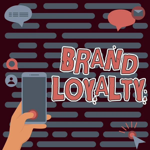 Conceptual display Brand Loyalty. Business showcase Repeat Purchase Ambassador Patronage Favorite Trusted Hands Holding Technological Device Pressing Application Button. — 스톡 사진