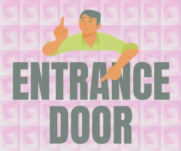 Teken met toegangsdeur. Internet Concept Way in Doorway Gate Entry Incoming Ingress Passage Portal Gentleman Pointing Finger Board Presenteert Nieuwste Project Ideeën. — Stockfoto
