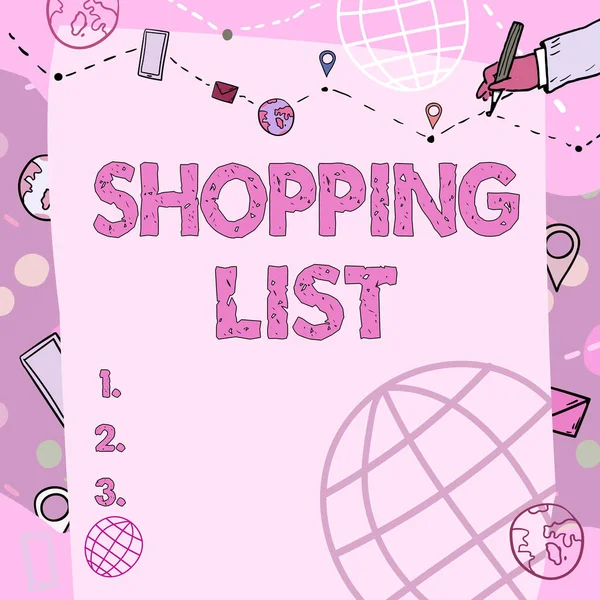 Conceptual display Shopping List. Business approach Discipline approach to shopping Basic Items to Buy Plain Whiteboard With Hand Drawing Guide Line For Steps Over World Globe. — стоковое фото