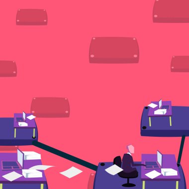 Takım lideri sanal olarak bilgisayar aracılığıyla iletişim kurar. Zaman ofisinde çalışan bir erkek. Üretken, dizüstü bilgisayarla basılı belgeleri işlemekle meşgul..