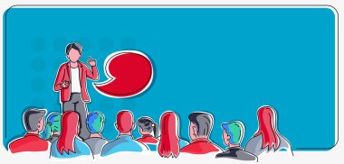 En yeni iş stratejilerinin sergilendiği istikrarlı ekonomiyi oluşturan halka konuşma sunumu yapan kişi. Yenilikçi düşünceler sergileyen insanlar hedeflerine ulaşan.