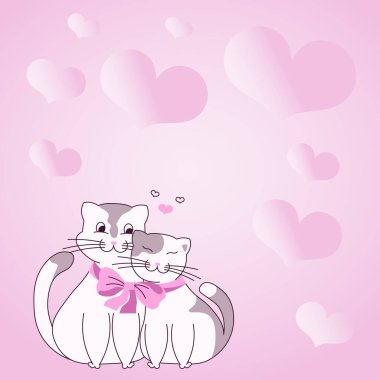 Arka planda yay ve kalplerle birbirine bağlanmış iki kedi aşıklar arasında sevgi ve uyum gösteriyorlar. Kalp sembolleri, aşk hedefleri olan tutkulu çifti temsil eder..