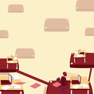 Takım lideri sanal olarak bilgisayar aracılığıyla iletişim kurar. Zaman ofisinde çalışan bir erkek. Üretken, dizüstü bilgisayarla basılı belgeleri işlemekle meşgul..