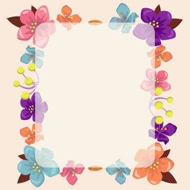 Renkli çiçekler ve ahenkli düzenlenmiş yeşilliklerle süslenmiş boş bir çerçeve. Boş Poster Sınırı Çevrili Çok Renkli Buket Düzenli Keyifle.