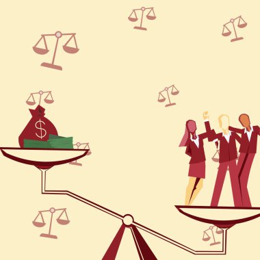 Ağırlık ölçeği işçilerin paradan daha değerli olduğunu gösteriyor. Başarılı finansal kazanç elde etmek için takım çalışması yapan meslektaşlar. Ortaklar birleşik çaba gösteriyor.