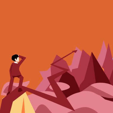 İş adamı Ufuk Oku 'nu izlerken mesafeyi işaret ederek gelecekteki proje başarısını simgeliyor. Hedeflere ulaşmayı. Yüksekliğe ulaşan adam başarılı kariyer başarısını temsil ediyor..