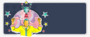 Yıldızlarla çevrili takım elbiseli iş adamı, projenin başarıya ulaşması için tezahürat yapıyor. Başarılı gol başarısını kutlayan adam.