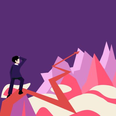 İş adamı Ufuk Oku 'nu izlerken mesafeyi işaret ederek gelecekteki proje başarısını simgeliyor. Hedeflere ulaşmayı. Yüksekliğe ulaşan adam başarılı kariyer başarısını temsil ediyor..