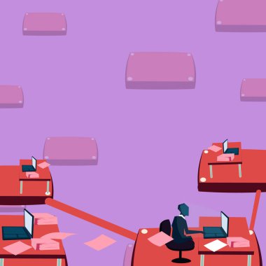 Takım lideri sanal olarak bilgisayar aracılığıyla iletişim kurar. Zaman ofisinde çalışan bir erkek. Üretken, dizüstü bilgisayarla basılı belgeleri işlemekle meşgul..