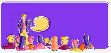 En yeni iş stratejilerinin sergilendiği istikrarlı ekonomiyi oluşturan halka konuşma sunumu yapan kişi. Yenilikçi düşünceler sergileyen insanlar hedeflerine ulaşan.