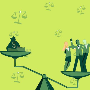Ağırlık ölçeği işçilerin paradan daha değerli olduğunu gösteriyor. Başarılı finansal kazanç elde etmek için takım çalışması yapan meslektaşlar. Ortaklar birleşik çaba gösteriyor.