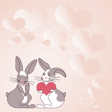 Kalp şeklinde hediyeleri olan iki tavşan, karşılıklı adak alışverişinde bulunan çiftleri gösteriyor. Tavşanlar tutkulu aşıkları güzel hediyelerle temsil eder..