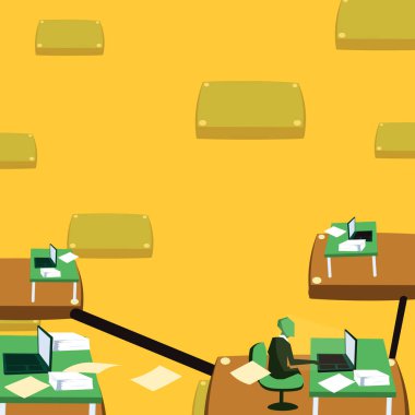 Takım lideri sanal olarak bilgisayar aracılığıyla iletişim kurar. Zaman ofisinde çalışan bir erkek. Üretken, dizüstü bilgisayarla basılı belgeleri işlemekle meşgul..