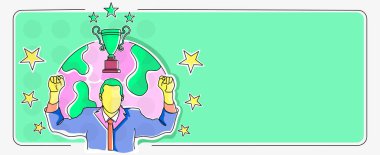 Yıldızlarla çevrili takım elbiseli iş adamı, projenin başarıya ulaşması için tezahürat yapıyor. Başarılı gol başarısını kutlayan adam.