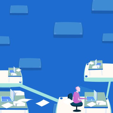 Takım lideri sanal olarak bilgisayar aracılığıyla iletişim kurar. Zaman ofisinde çalışan bir erkek. Üretken, dizüstü bilgisayarla basılı belgeleri işlemekle meşgul..