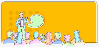 En yeni iş stratejilerinin sergilendiği istikrarlı ekonomiyi oluşturan halka konuşma sunumu yapan kişi. Yenilikçi düşünceler sergileyen insanlar hedeflerine ulaşan.