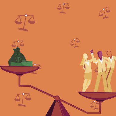 Ağırlık ölçeği işçilerin paradan daha değerli olduğunu gösteriyor. Başarılı finansal kazanç elde etmek için takım çalışması yapan meslektaşlar. Ortaklar birleşik çaba gösteriyor.