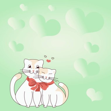 Arka planda yay ve kalplerle birbirine bağlanmış iki kedi aşıklar arasında sevgi ve uyum gösteriyorlar. Kalp sembolleri, aşk hedefleri olan tutkulu çifti temsil eder..