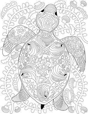 Vektör çizgisi çiçekle süslenmiş yüzen kaplumbağayı çiziyor. Dijital lineart görüntü çiçekli kaplumbağa desenli. Ana tasarım: Su canlıları..