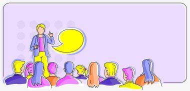 En yeni iş stratejilerinin sergilendiği istikrarlı ekonomiyi oluşturan halka konuşma sunumu yapan kişi. Yenilikçi düşünceler sergileyen insanlar hedeflerine ulaşan.